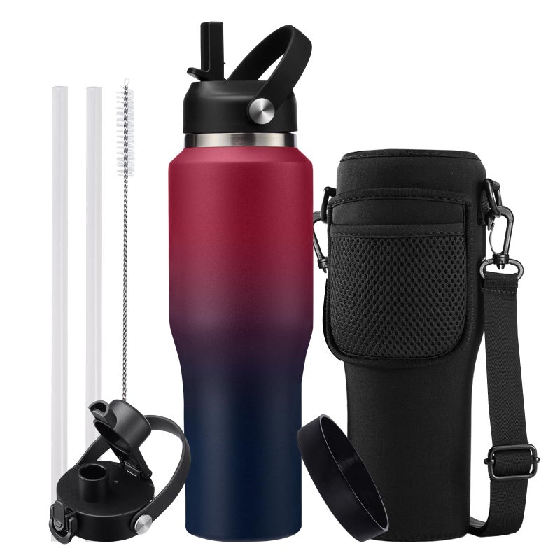 DIGJUPER Stainless Steel Tumblers with Straw 32 oz- Vacuum Insulated Water Bottle Flask for Car Office Gym  Cold-48H & Hot-24H  Water Flask with Straw & Spout Lids  Thermal Water Bottle Pouch & Silicone Boot - Image 1